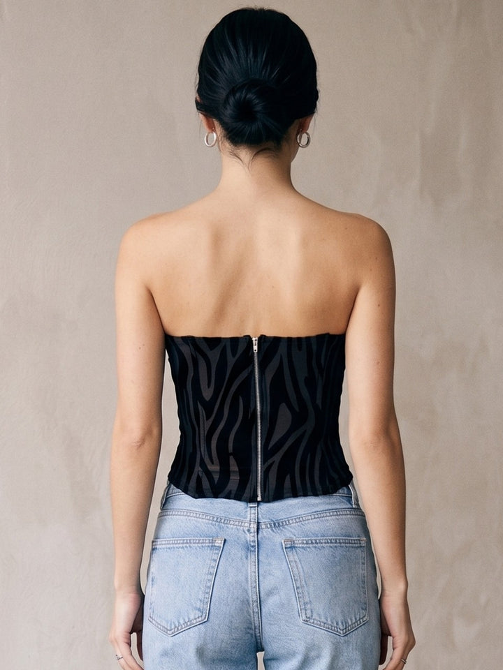 Black Tonal Animal Printed Tube Top With Zipper At The Back