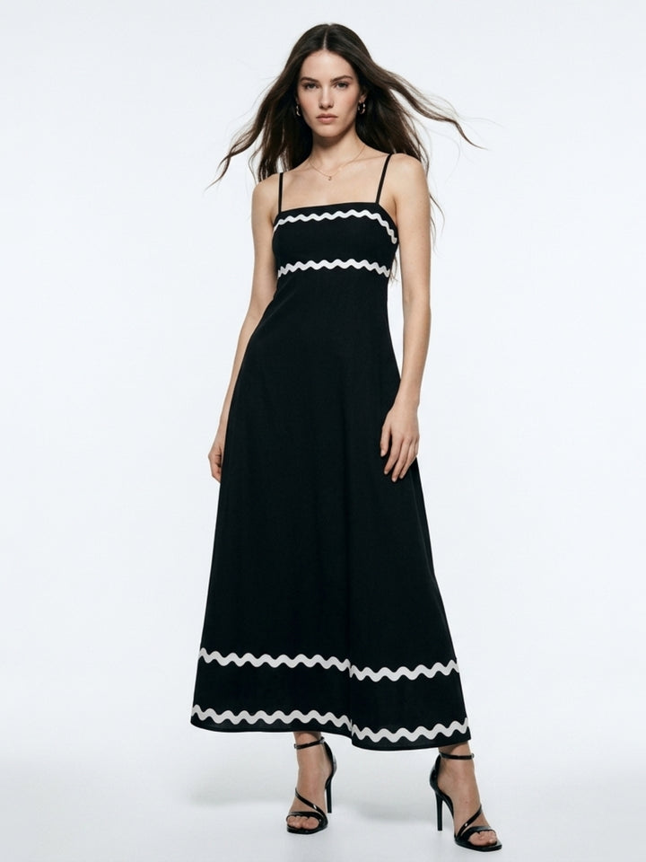 Black Noodle Strap Contrast Patterned Dress