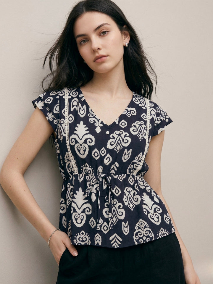 Navy Blue Floral Print Top