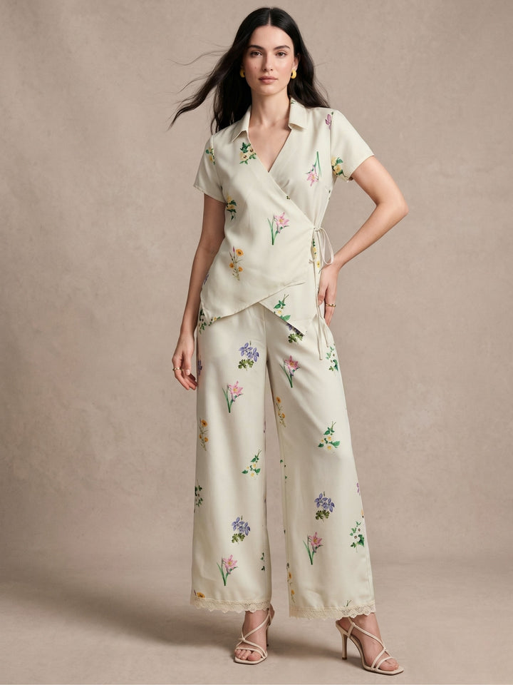 White Printed Wrap Top Co-ord And Wide Leg Trouser With Lace Trim