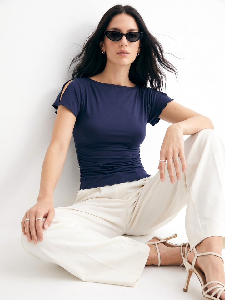 Navy Blue Lettuce Hem Detail Top