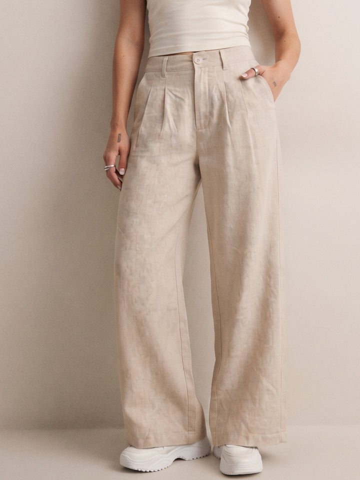 Beige Front Pleated Wide Leg Trouser