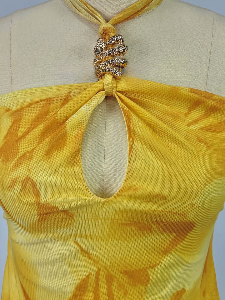 Yellow Printed Halter Dress With Metal Trim Detail