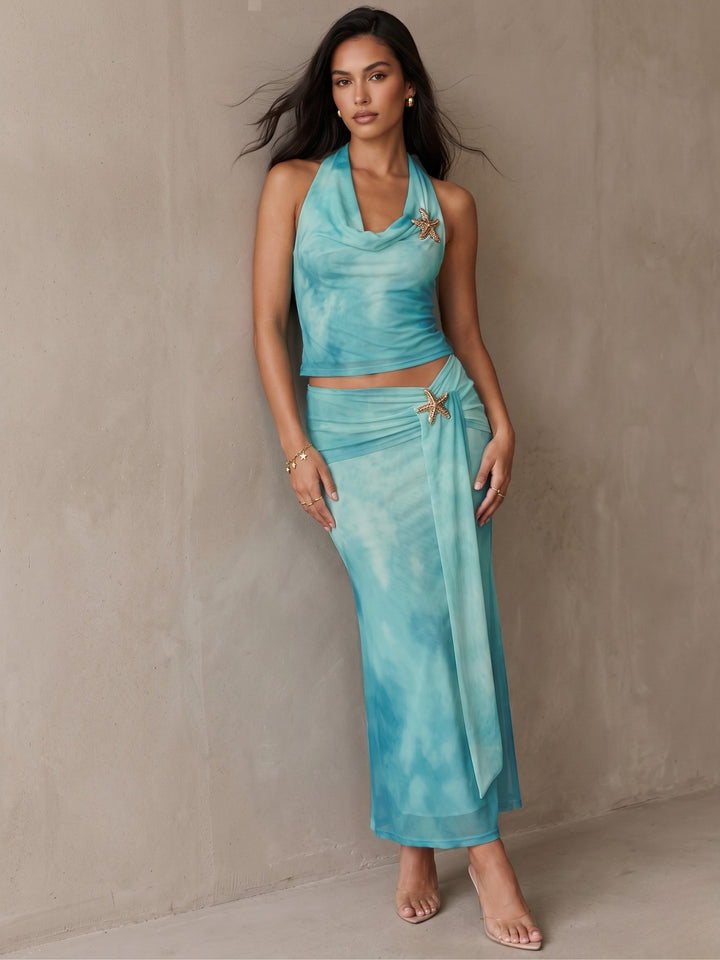 Blue Halter Neck Tie-Up Top And Skirt Set