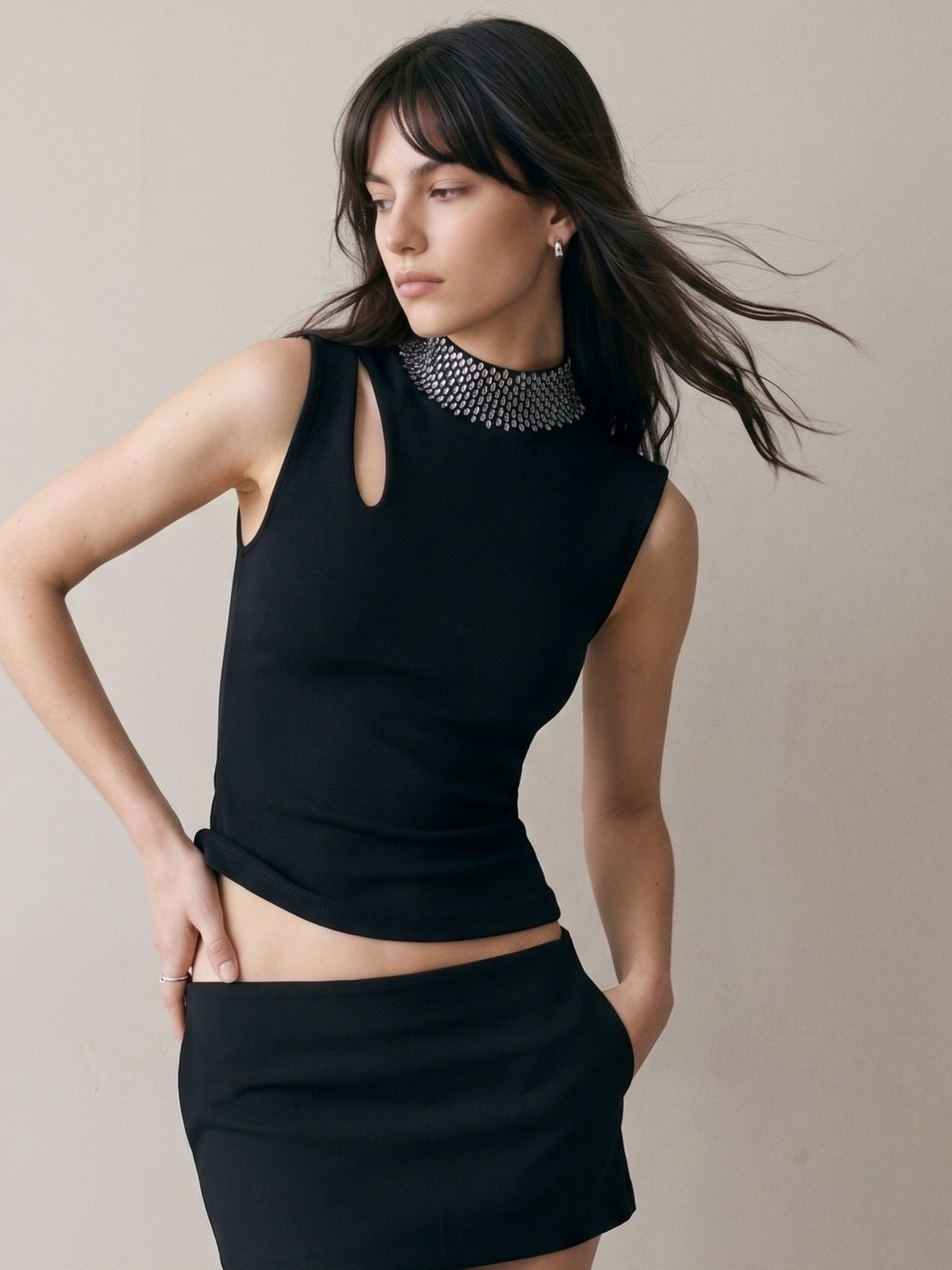 Black Cut Out Tank With Embellished High Neck