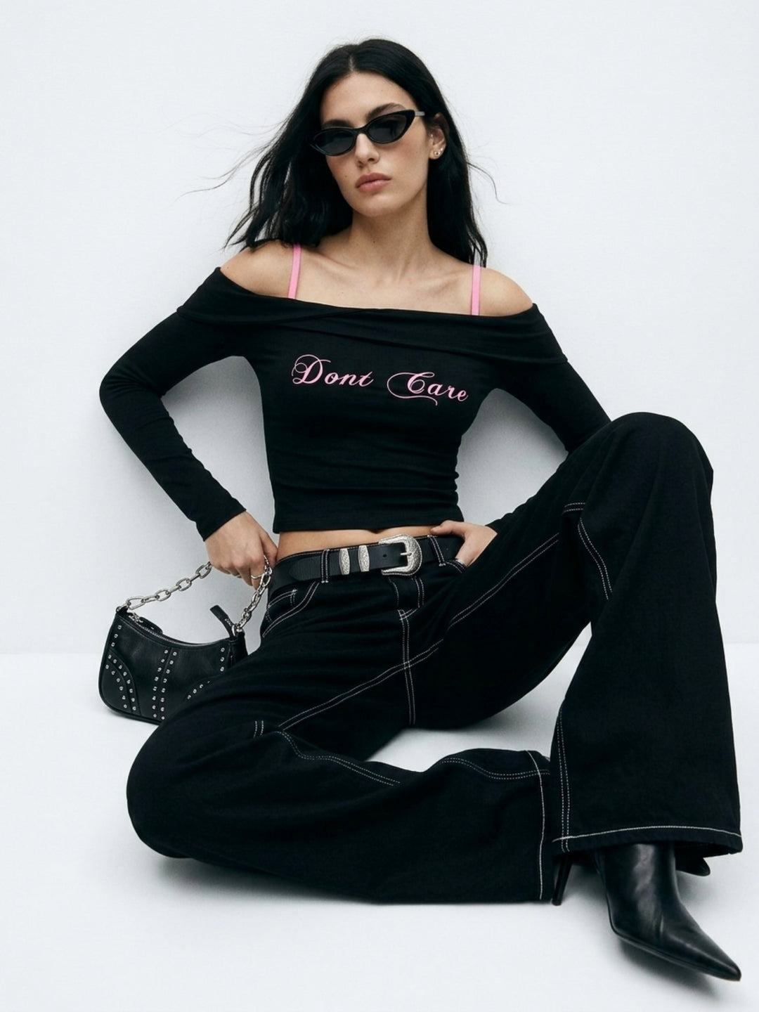 Black Wrap Neck Off-Shoulder Graphic Printed T-Shirt With Contrast Straps
