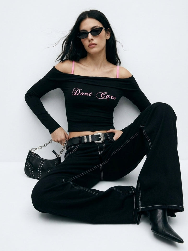 Black Wrap Neck Off-Shoulder Graphic Printed T-Shirt With Contrast Straps