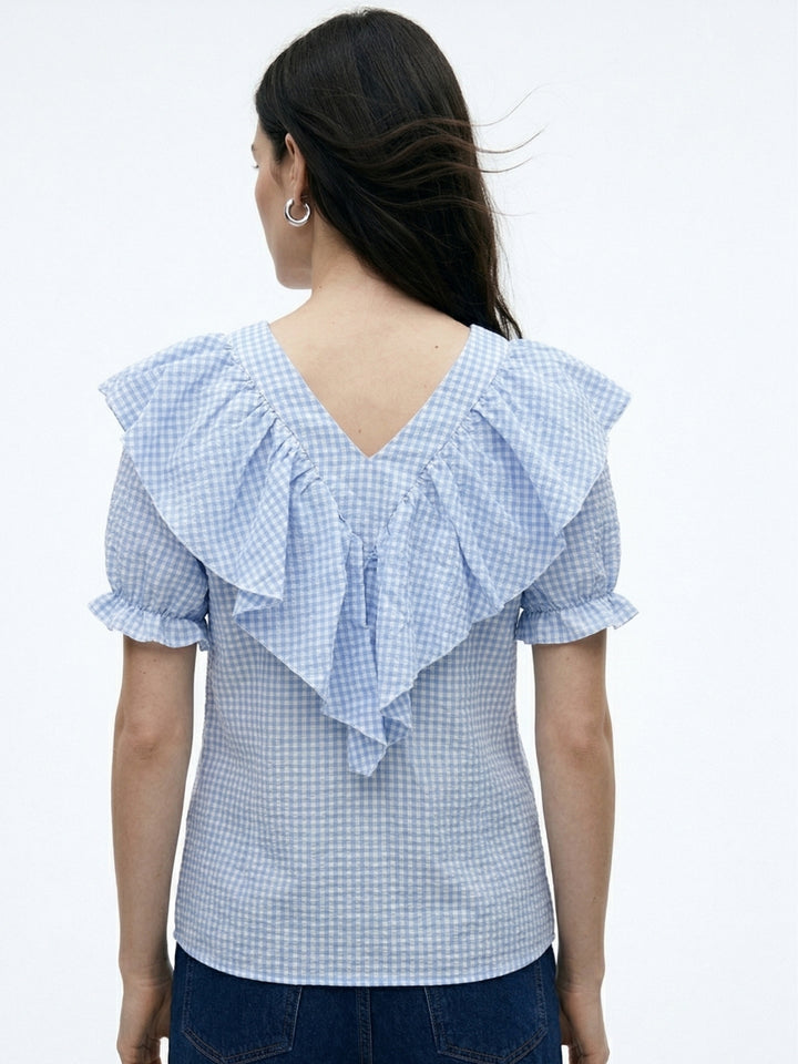 Blue Puff Sleeve Ruffle Neckline Top