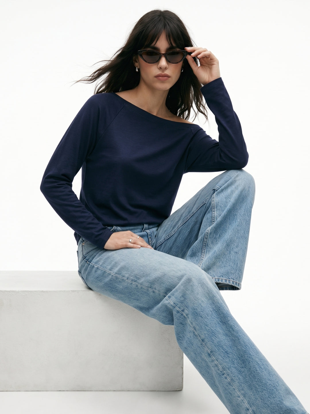 Navy Blue Broad Shoulder Full Sleeves Top