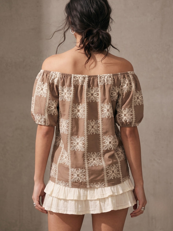 Brown Off Shoulder Embroidered Top
