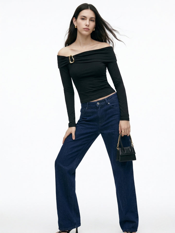Black Off-Shoulder With Metal Buckle Trim Detail Top
