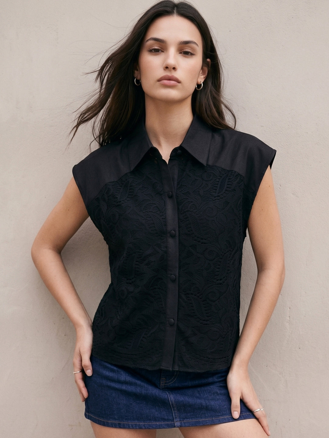 Black Lace Overlay Shirt With High Low Hemline
