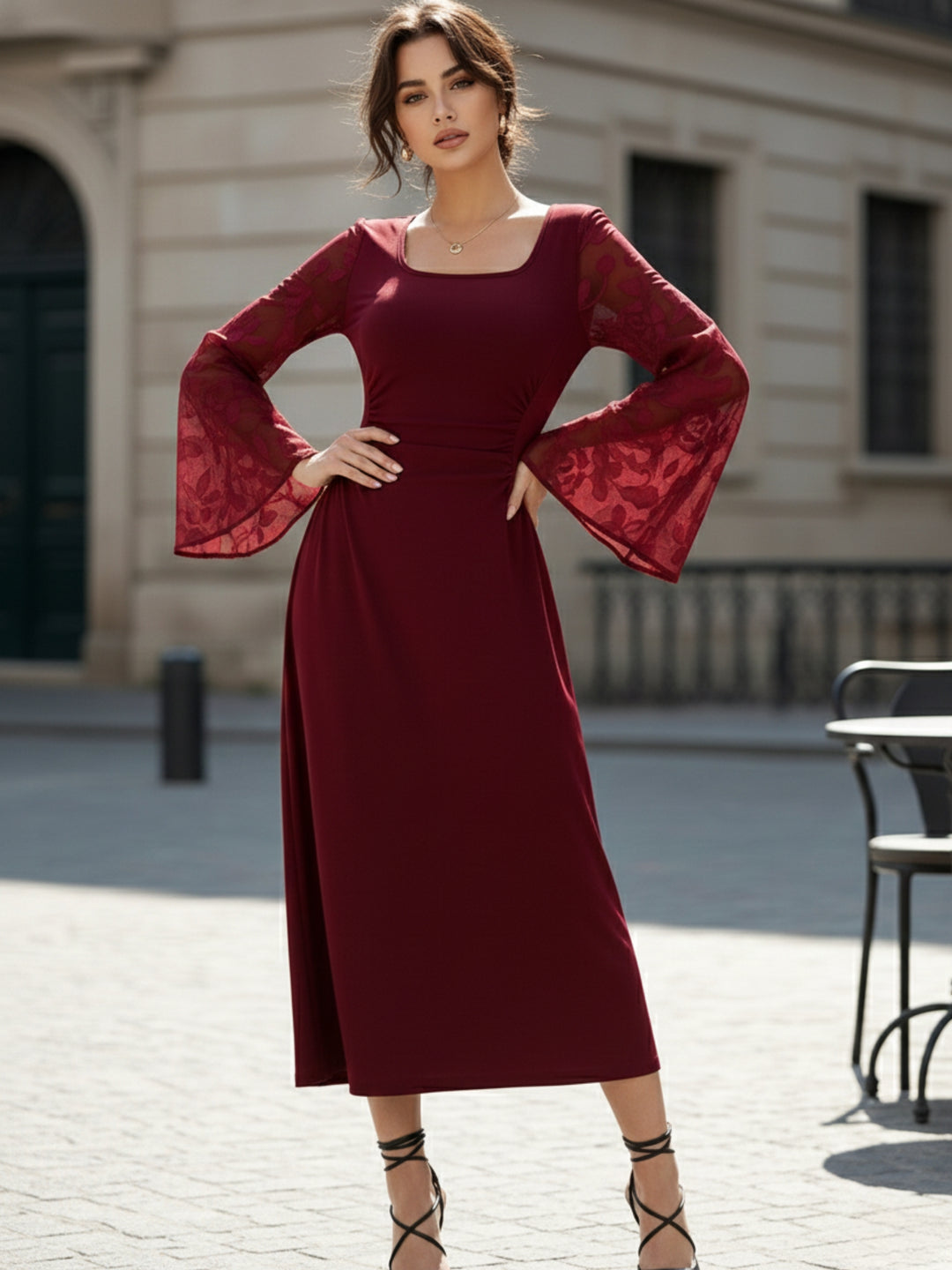 Maroon Bell Sleeve Scoop Neck Lace Detail Dress