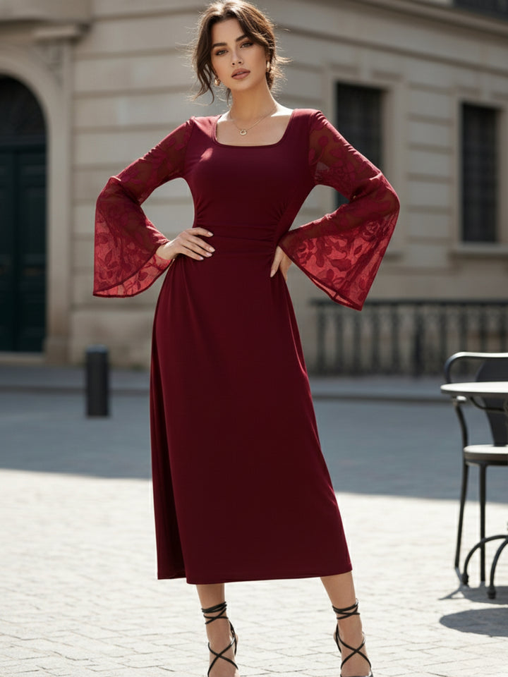 Maroon Bell Sleeve Scoop Neck Lace Detail Dress