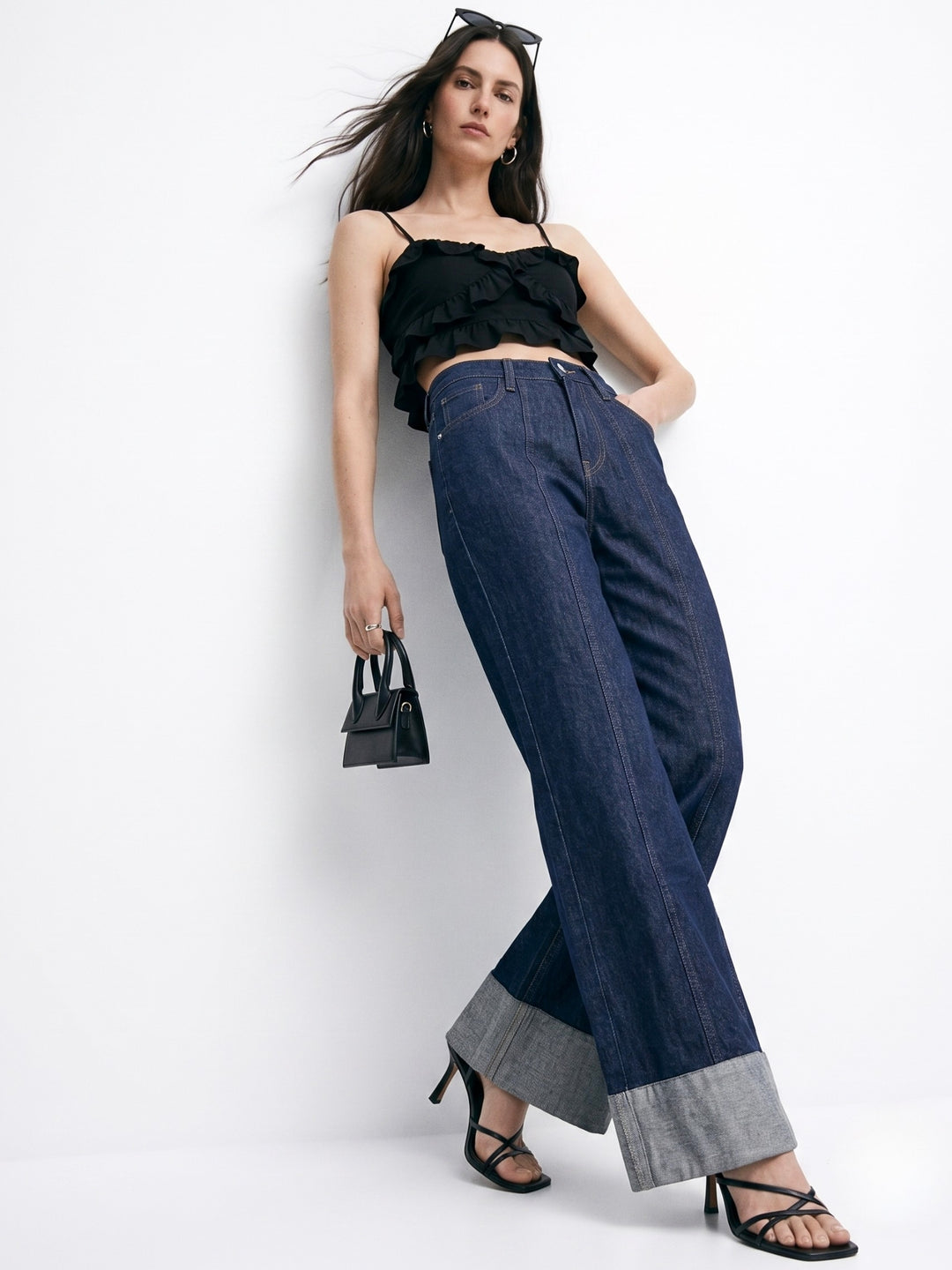 Dark Blue Folded Hem Wide Leg Jeans