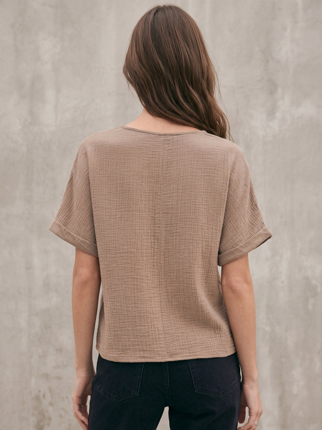 Brown Textured V Neck Top