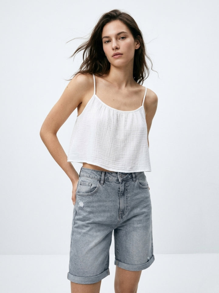 Blue Rolled Up Hem Denim Shorts