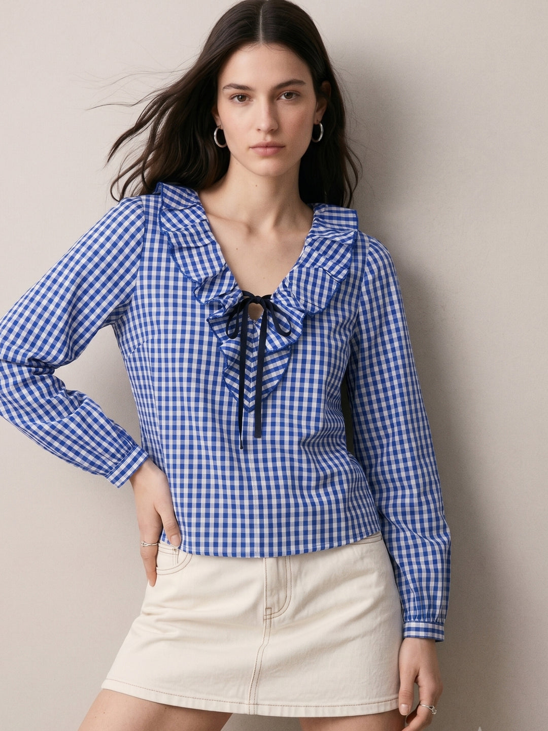 Blue Ruffle Neckline Checkered Top