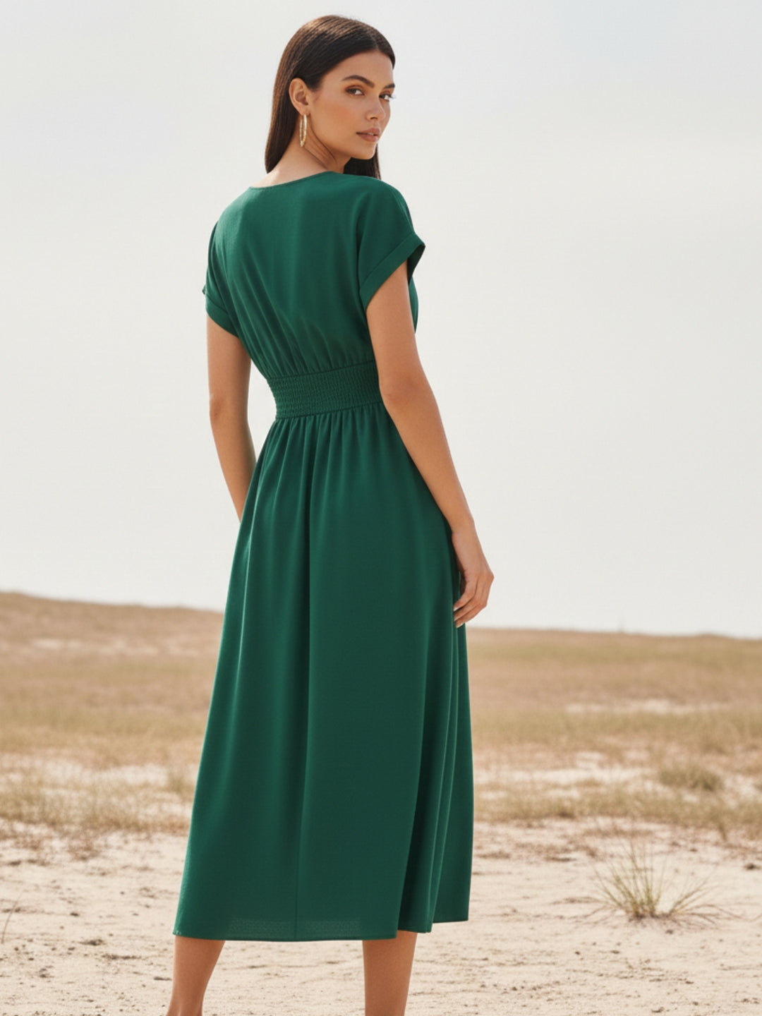 Olive Plunge Neck Twisted Knot Waist Detail Dress