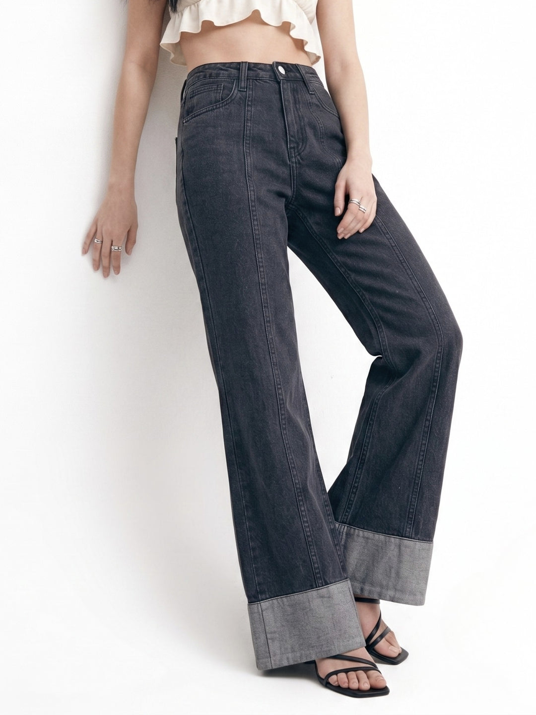 Grey Folded Hem Wide Leg Jeans