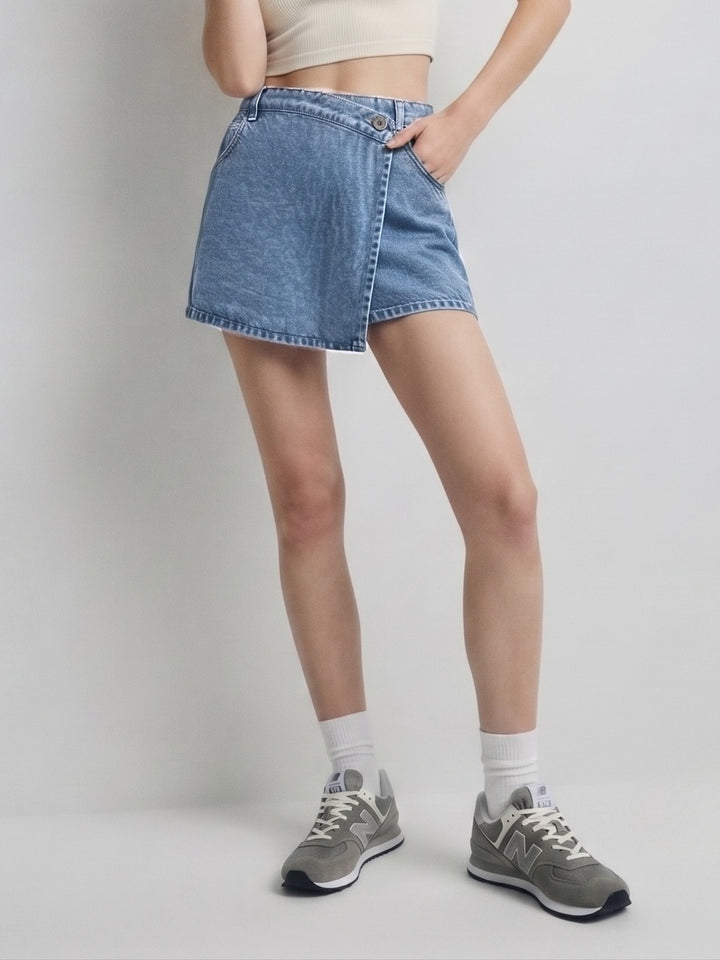 Blue Tinted Wrap Over Denim Skirt