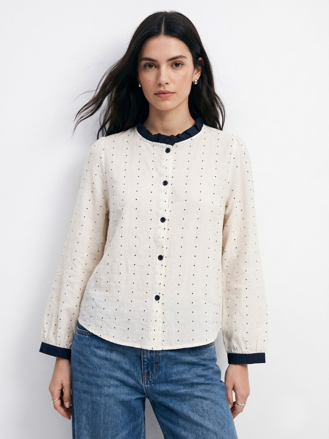 White Polka Printed Button Down Top With Contrast Binding