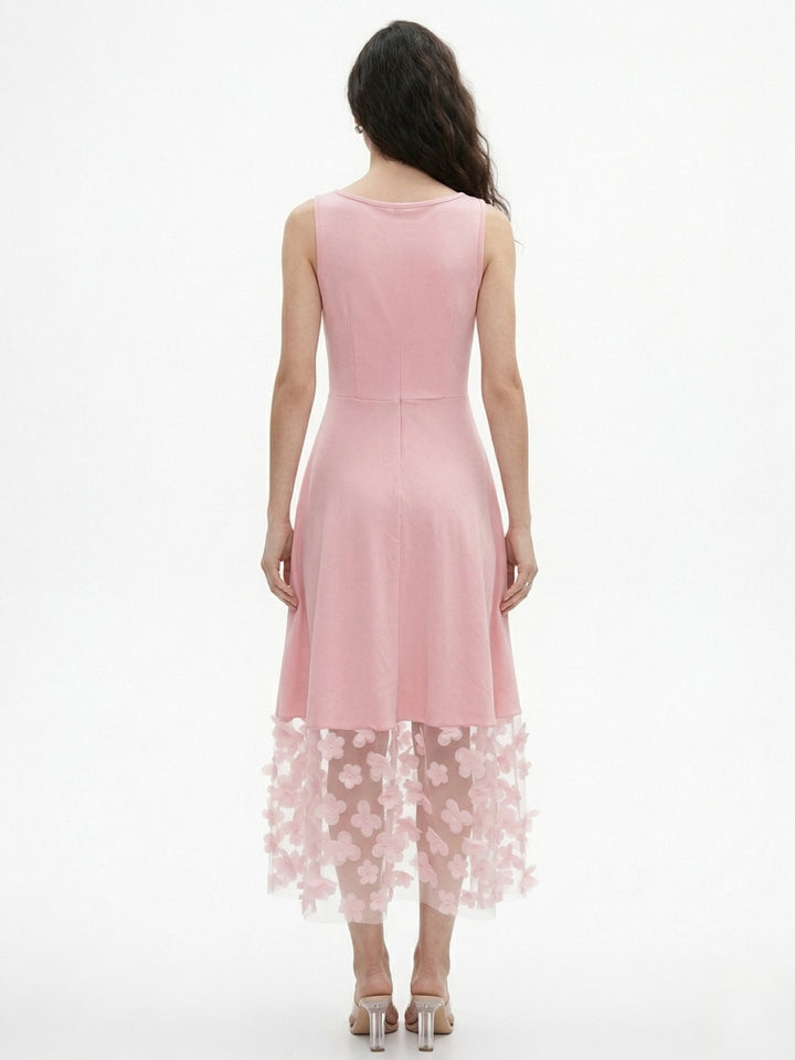 Pink Square Neck Dress With Lace Hem