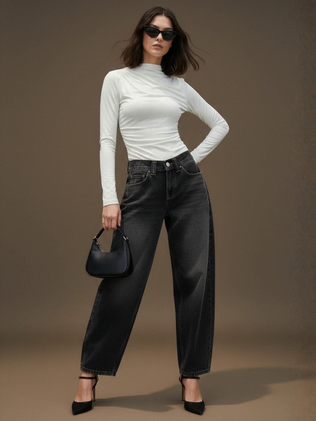 Cream High Neck Side Ruched Top