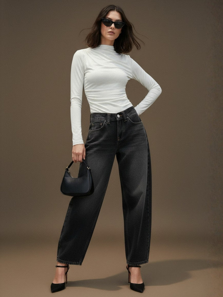 Cream High Neck Side Ruched Top
