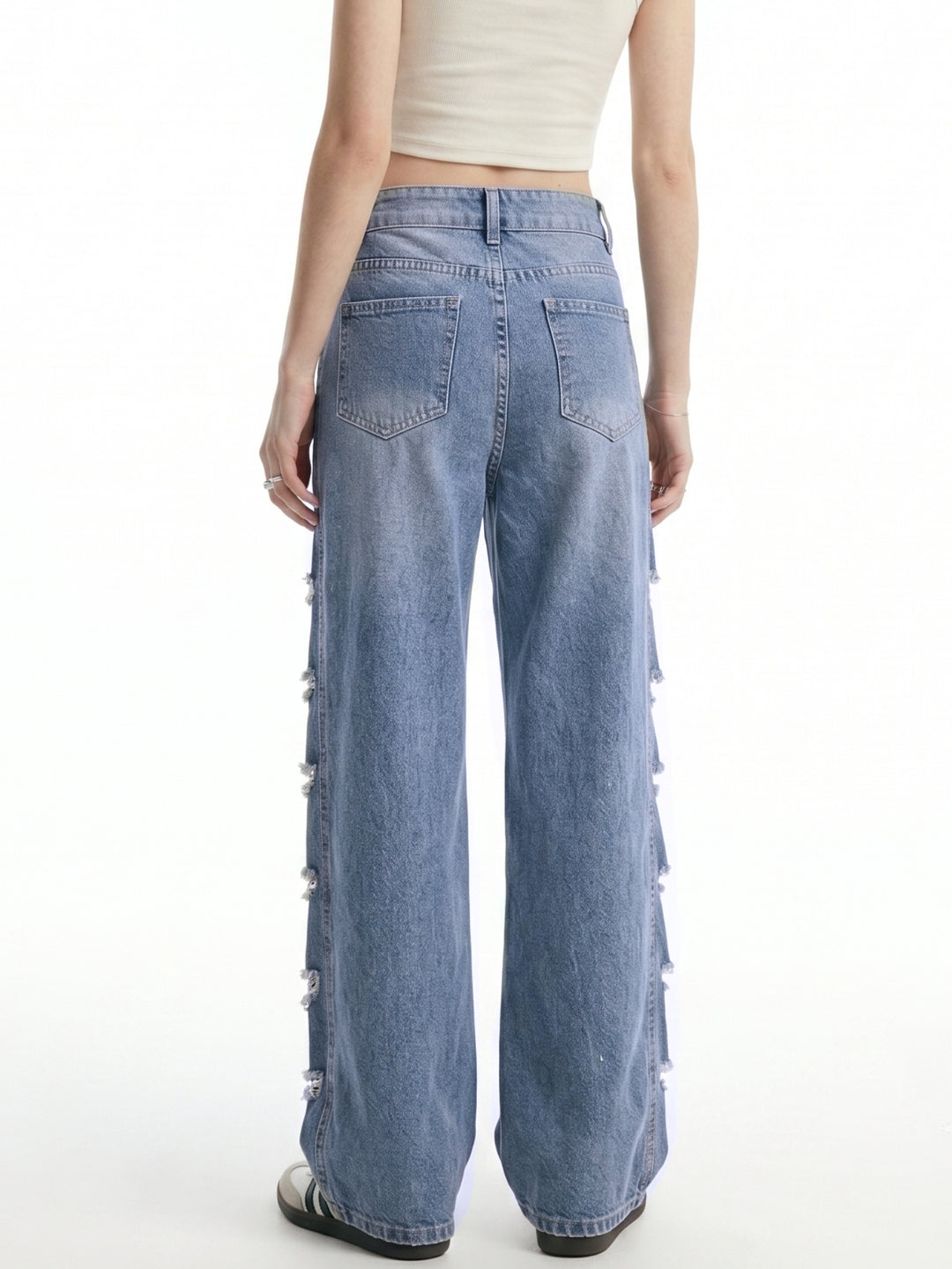 Blue Side Panel Distressed Baggy Fit Denim