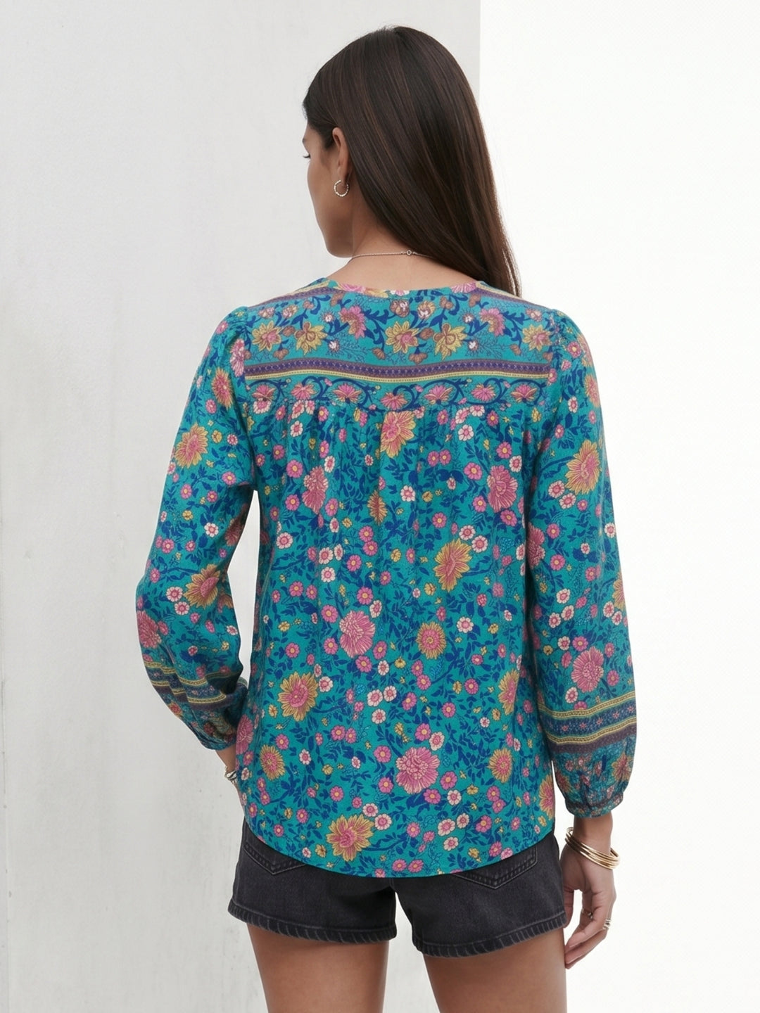 Light Blue Printed Tie Up Closure Blouse