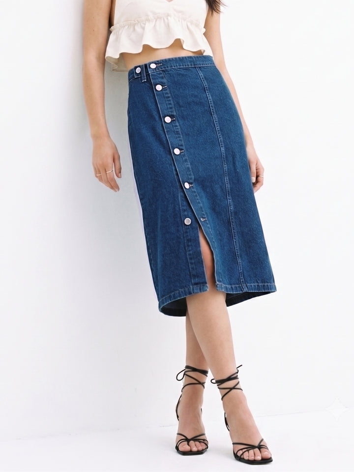 Blue Button Up Thigh High Slit Denim Skirt