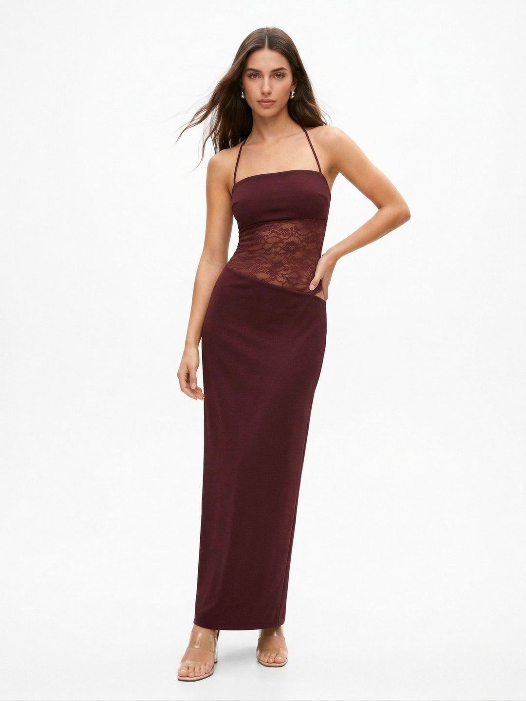 Brown Spaghetti Strap Lace Detail Dress