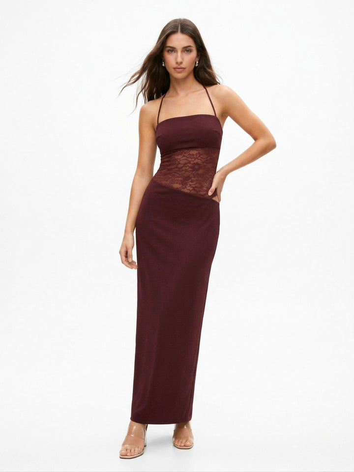 Brown Spaghetti Strap Lace Detail Dress