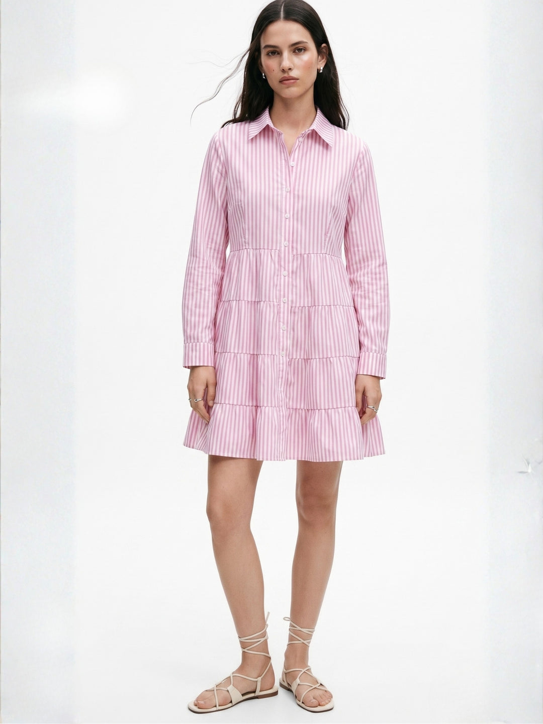 Pink Striped Tiered Shirt Dress