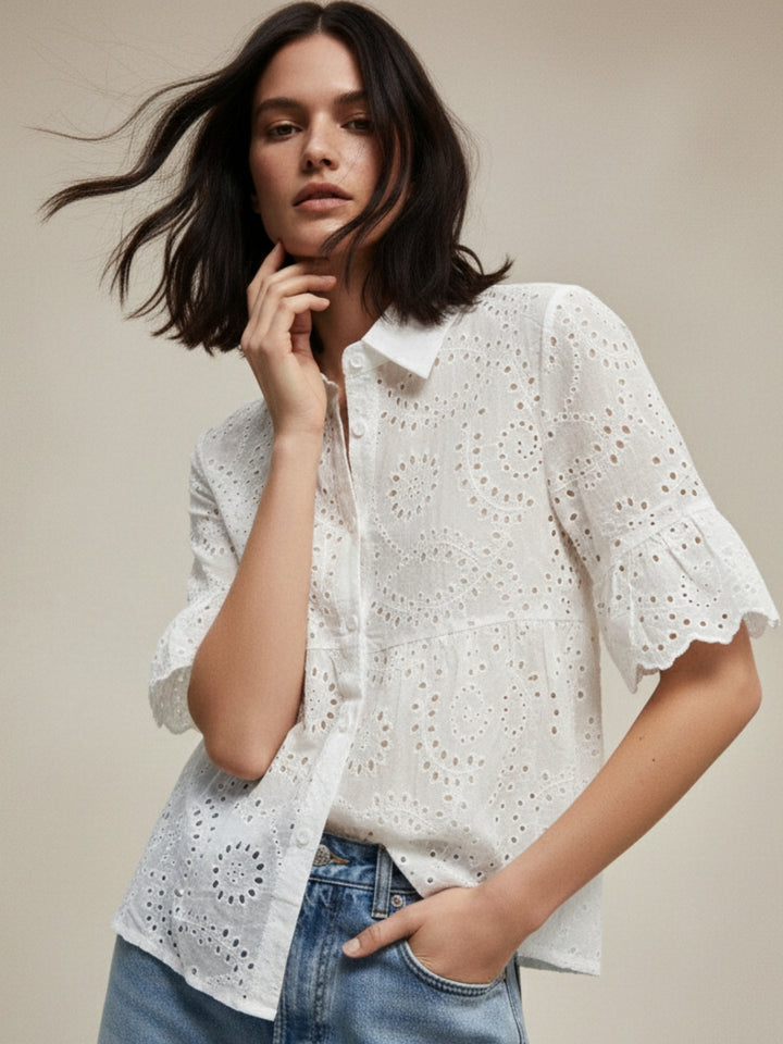 White Schiffli Shirt With Bell Sleeved