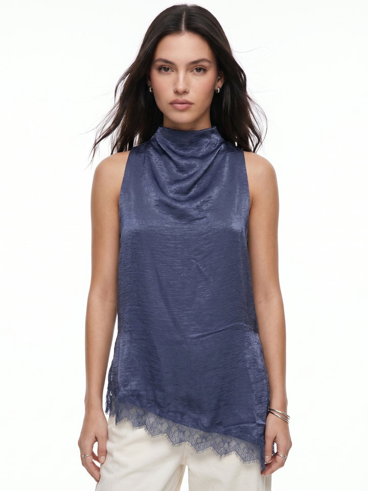 Navy Blue Mock Neck Lace Hem Top
