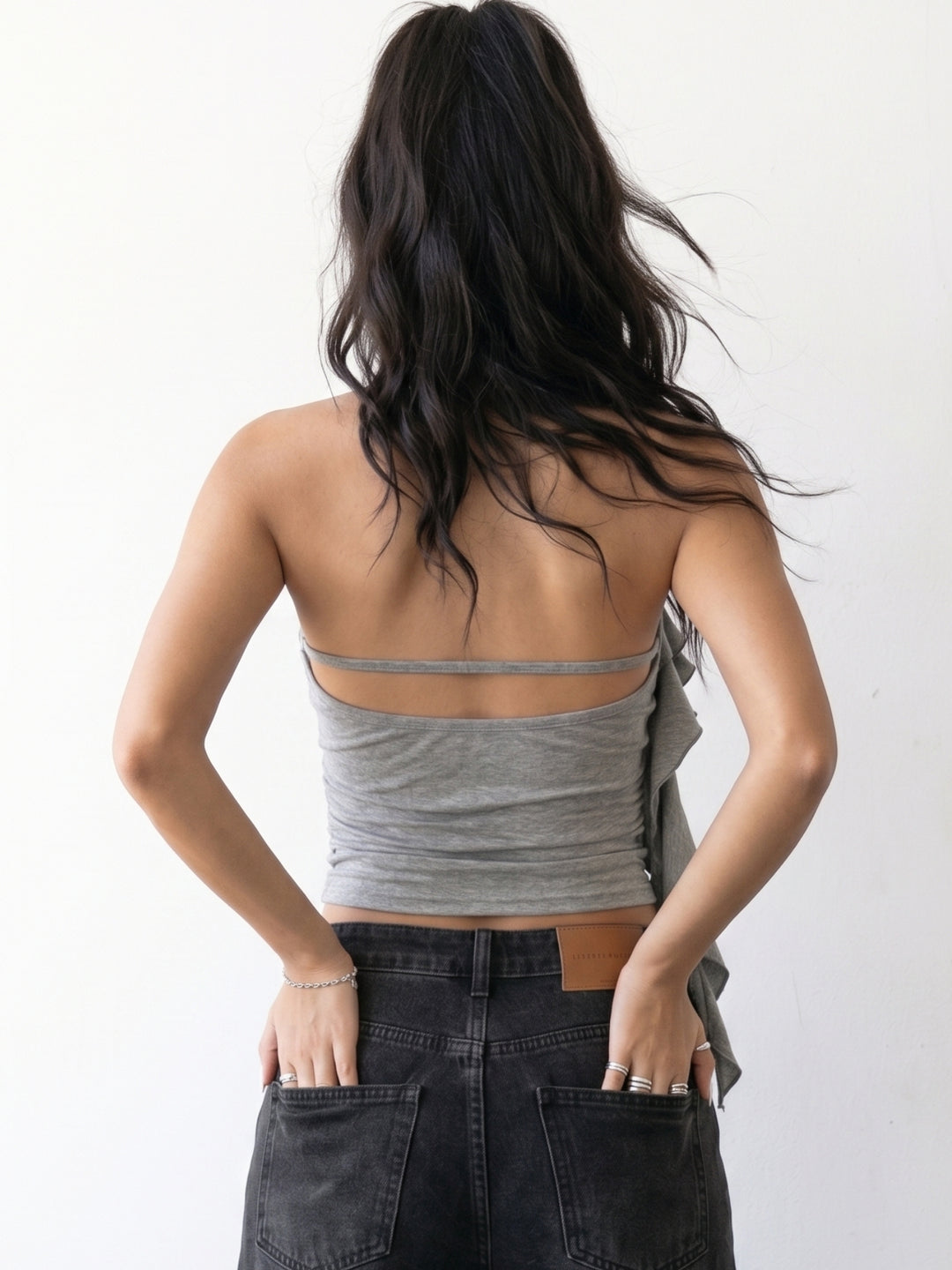 Grey Ruffle Detail Fitted Top
