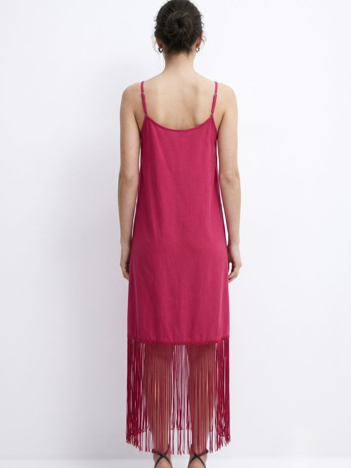 Red Strappy V Neck Dress With Fringe Details And Pockets