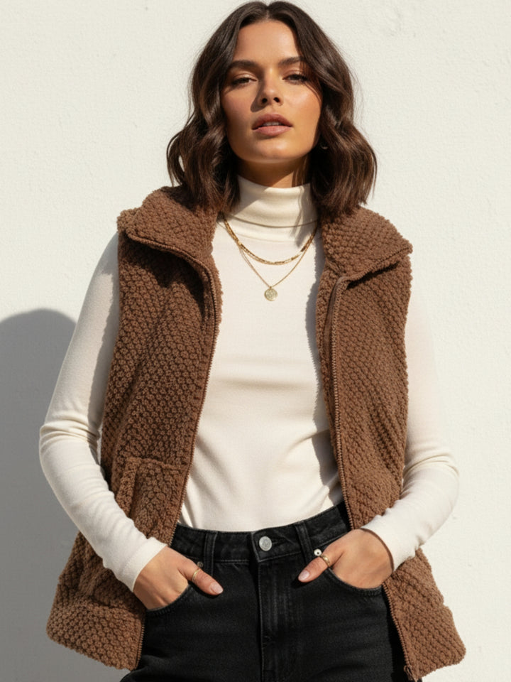 Brown Sleeveless Zip Front Textured Jacket