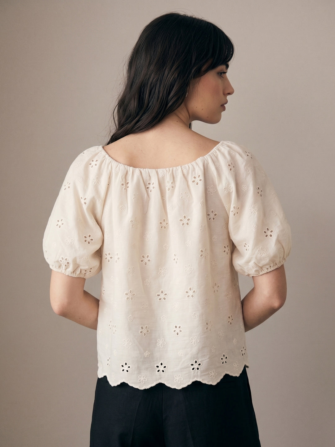 Off White Scallop Hem Square Neck Schiffli Top