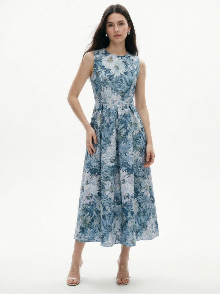 Blue High Neck Printed Gazetted Dress