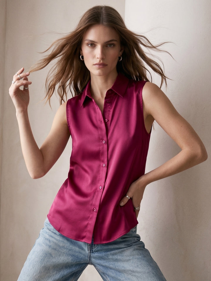 Wine Sleeveless Button Down Satin Shirt