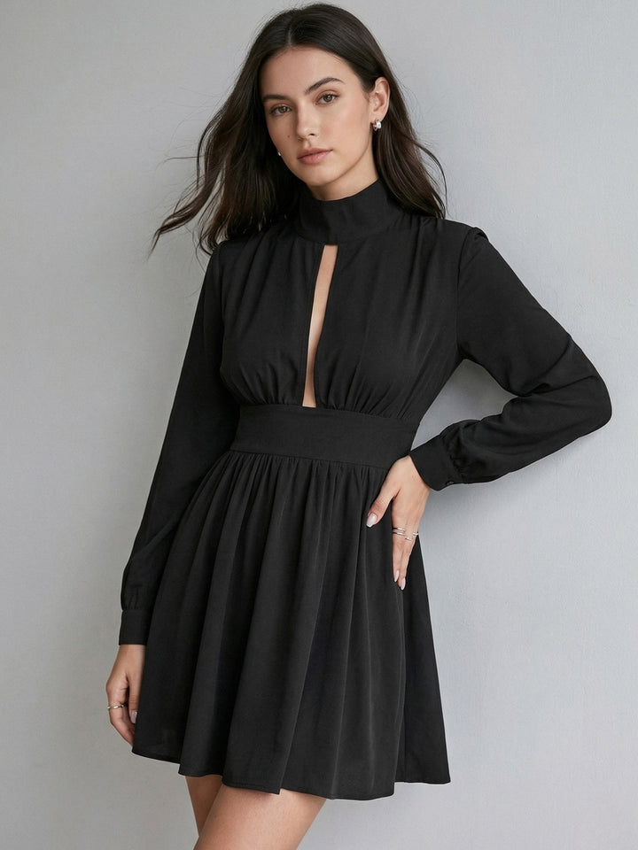 Black Full Sleeve Waist Fitted Dress