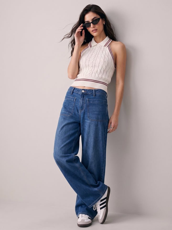 White Collared Contrast Tipping Cable Knit Tank