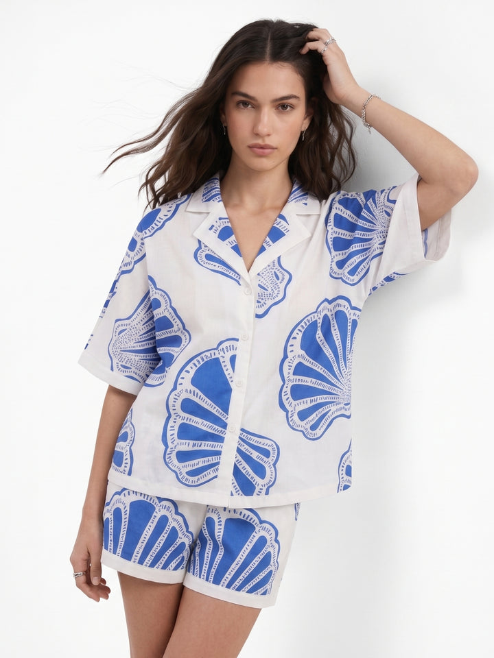 Blue Short Sleeve Printed Shirt And Short Set