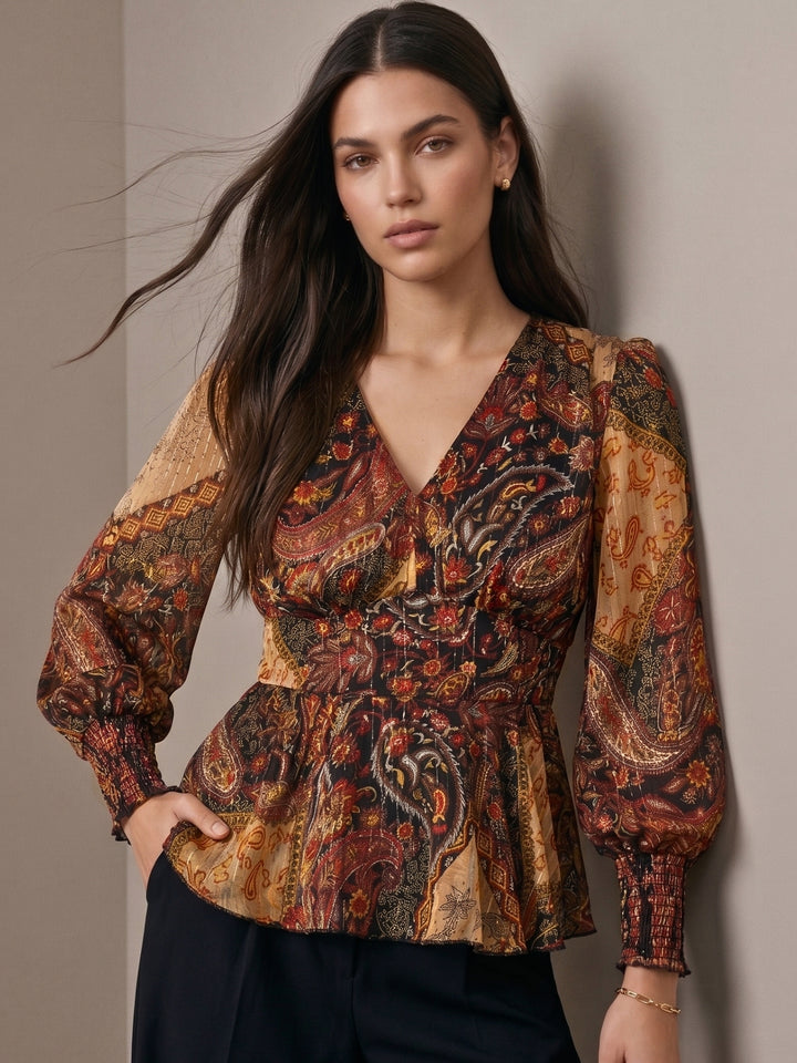 Brown Long Balloon Sleeves Peplum Top In Lurex Fabric