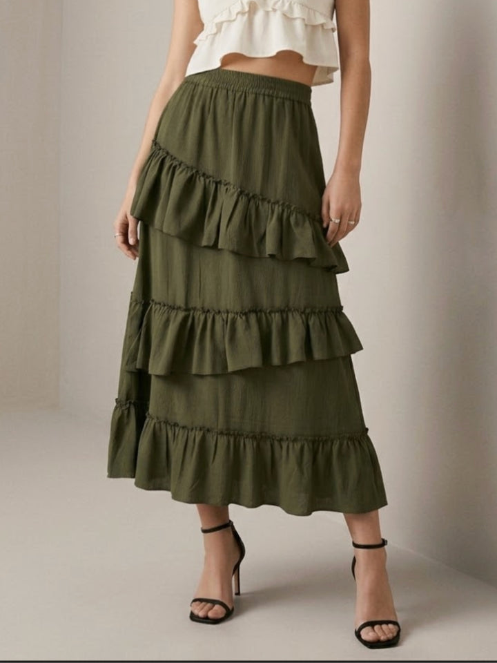 Olive Midi Skirt With Ruffle Detail