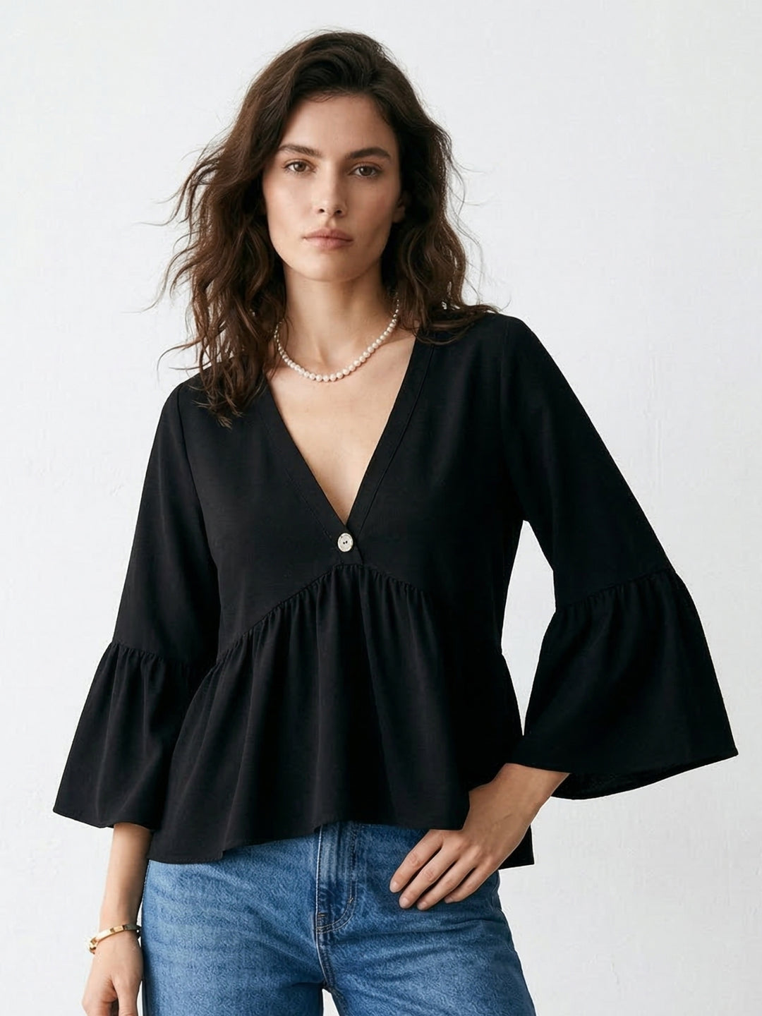 Black Bell Sleeve V Neck Top