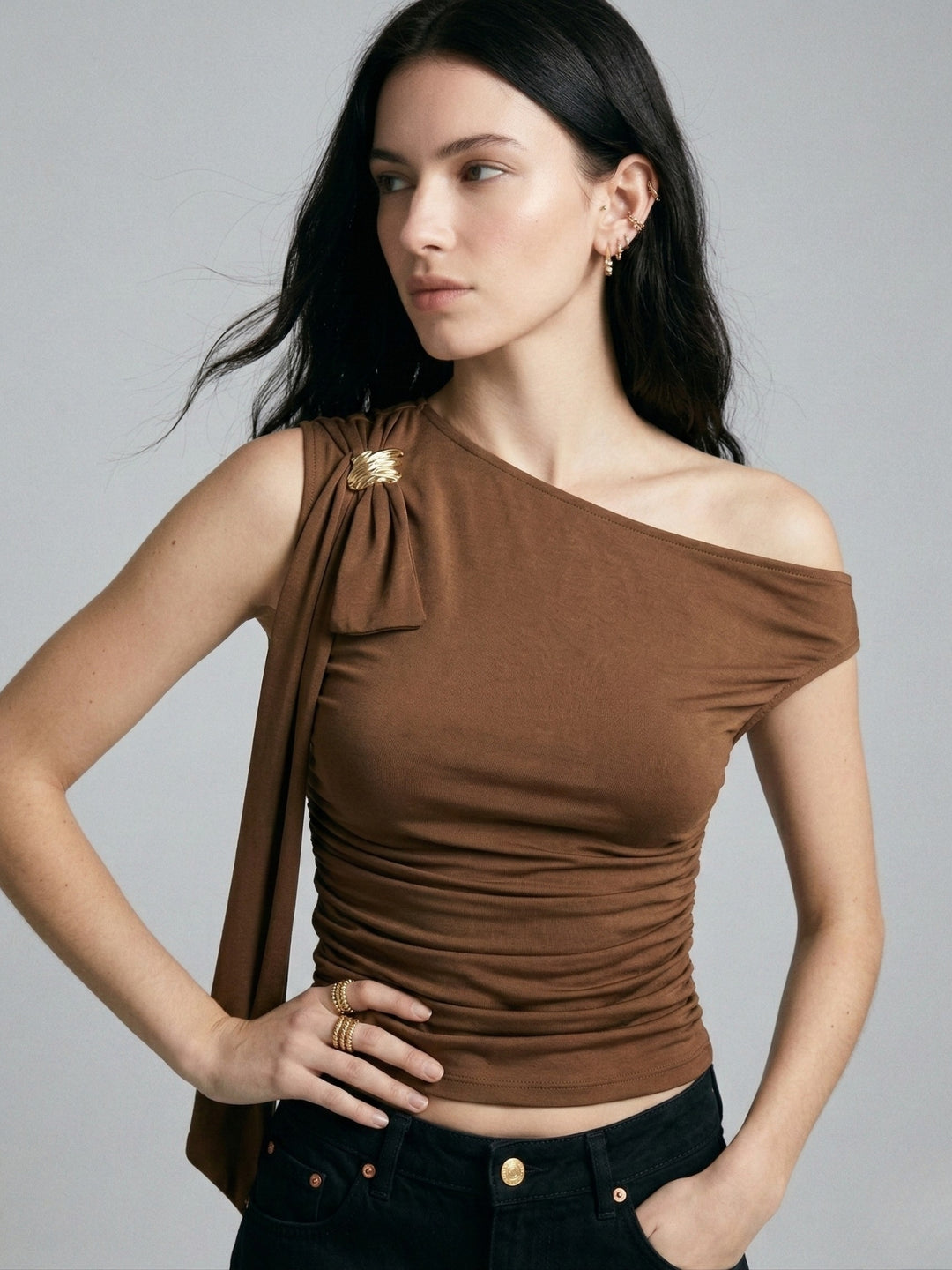 Brown One Shoulder Metal Trim Detail Top